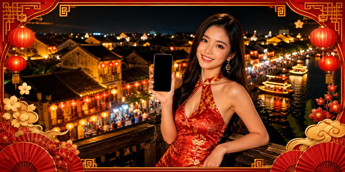 Người dùng chơi mobile casino tại Hội An dưới ánh đèn lồng truyền thống